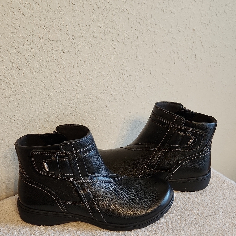 Clarks Black Leather Ankle Booties with Contrast Stitching